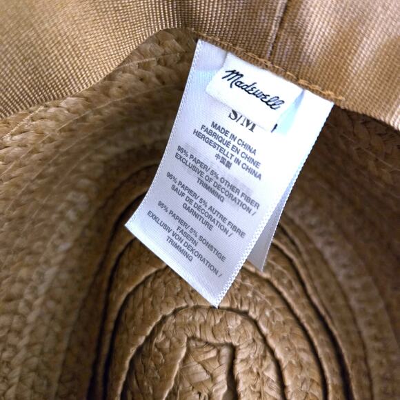 Madewell Tan Straw Packable Wide Brim Hat S/M Warm Nutmeg with White Band - Picture 8 of 8